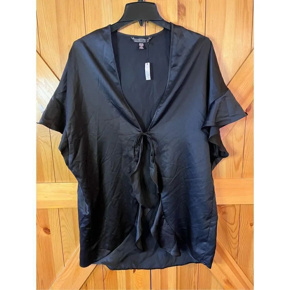 Victorias Secret Satin Kimono Robe Open Ruffle Front Cover Up One Size Black Nwt